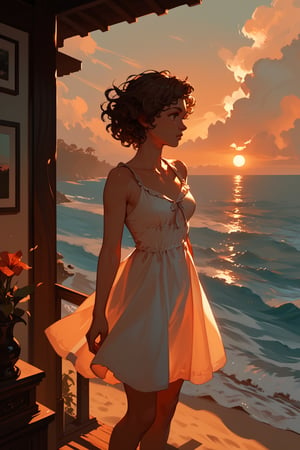 (score_9,score_8_up,score_7_up),1girl, solo, indoors, medium_sized_chest, curly_short_dark_brown_hair, dark_brown_eyes, half Irish half English ethnicity, light skin complexion, 31 years old, sundress, silhouette, sunset, beach, windy, picturesque