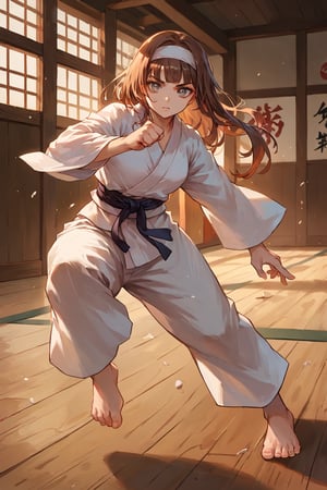 score_9,score_8_up,score_7_up,source_anime, BREAK (masterpiece), best quality. Create an image of a martial artist woman (half japanese half german) with a youthful and curvy appearance. She has long, flowing brown hair using a white headband and blunt bangs , and she is wearing a traditional karate gi with a black belt tied firmly around her waist. Her bright grey eyes reflect determination and strength. She stands in a fighting stance, with one fist raised and her feet planted firmly on the ground. The setting is a indoors dojo, with wooden floors. 