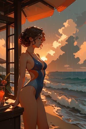 (score_9,score_8_up,score_7_up),1girl, solo, indoors, medium_sized_chest, curly_short_dark_brown_hair, dark_brown_eyes, half Irish half English ethnicity, light skin complexion, 21 years old, swimsuit , silhouette, sunset, beach, rainy, picturesque