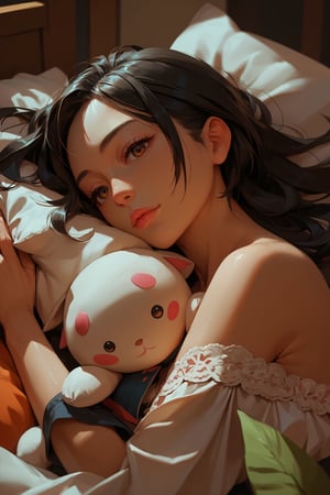 score_9, score_8_up, score_7_up, score_6_up, score_5_up, score_4_up, anime_source, (masterpiece), best quality, best face, pink lips, brown eyes, black hair, small bust, attention to detail face, extremely attractive girl. She is sleeping AND HOLDING A PILLOW