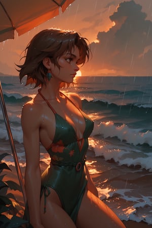 (score_9,score_8_up,score_7_up),1girl, solo, small_sized_chest, 80s_short_dark_brown_hair, dark_brown_eyes, half Irish half English ethnicity, light skin complexion, 21 years old, 60s clothing style , silhouette, sunset, beach, rainy, picturesque