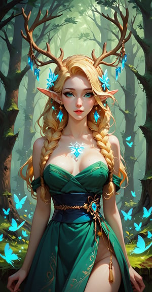 score_9, score_8_up, score_7_up, In this stunning piece of art, a mythical creature emerges from a serene forest glade, her delicate features illuminated by soft, diffused light. The girl's lower body transitions seamlessly into that of a white deer, with the upper body of a human woman, complete with long golden braided hair and elf-like ears. Her dress, a flowing white confection with a ribbon sash, seems to shimmer in harmony with the surrounding foliage. The overall effect is one of ethereal beauty, as if the natural world has been woven into her very essence.