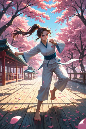 score_9,score_8_up,score_7_up,source_anime, BREAK (masterpiece), best quality. Create an image of a martial artist woman with a youthful and athletic appearance. She has long, flowing brown hair tied back in a high ponytail, and she is wearing a traditional karate gi with a blue belt tied firmly around her waist. Her bright blue eyes reflect determination and strength. She stands in a fighting stance, with one fist raised and her feet planted firmly on the ground. The setting is a sunlit dojo, with wooden floors and paper lanterns casting soft light. In the background, cherry blossom trees are in full bloom, their petals gently floating through the air, adding a serene contrast to her powerful stance. Her expression is calm yet focused, ready for the next move.