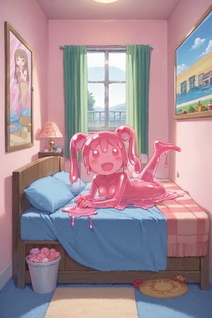 (masterpiece, perfect anatomy), best quality, 1girl, pink skin, slime_girl, motel room scenery