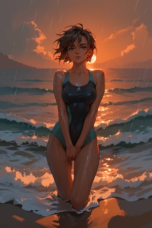 (score_9,score_8_up,score_7_up),1girl, solo, small_sized_chest, 80s_short_dark_brown_hair, dark_brown_eyes, half Irish half English ethnicity, light skin complexion, 21 years old, 80s yoga  clothing style , silhouette, sunset, beach, rainy, picturesque, covering groin