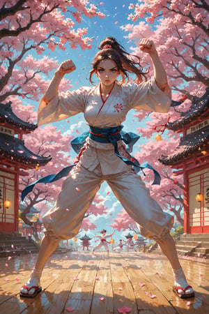 score_9,score_8_up,score_7_up,source_anime, BREAK (masterpiece), best quality. Create an image of a martial artist woman with a youthful and athletic appearance. She has long, flowing brown hair tied back in a high ponytail, and she is wearing a traditional karate gi with a blue belt tied firmly around her waist. Her bright blue eyes reflect determination and strength. She stands in a fighting stance, with one fist raised and her feet planted firmly on the ground. The setting is a sunlit dojo, with wooden floors and paper lanterns casting soft light. In the background, cherry blossom trees are in full bloom, their petals gently floating through the air, adding a serene contrast to her powerful stance. Her expression is calm yet focused, ready for the next move.