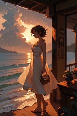 (score_9,score_8_up,score_7_up),1girl, solo, indoors, medium_sized_chest, curly_short_dark_brown_hair, dark_brown_eyes, half Irish half English ethnicity, light skin complexion, 21 years old, sundress, silhouette, sunset, beach, rainy, picturesque