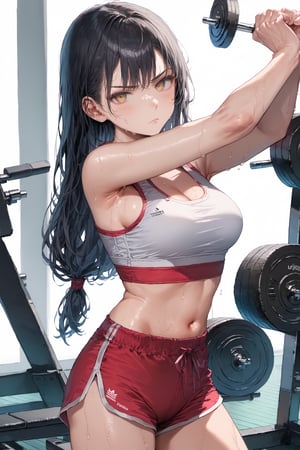 score_9, score_8_up, score_7_up, source_anime, masterpiece, absurdres, (rating_safe), low-tied long hair, black hair, velvetcrowe, vibrant golden eyes, serious face, sweating, slender, medium breasts, white and red cropped gym top, black and red gym shorts, midriff, stretching, exercising, gym background, perfect hands