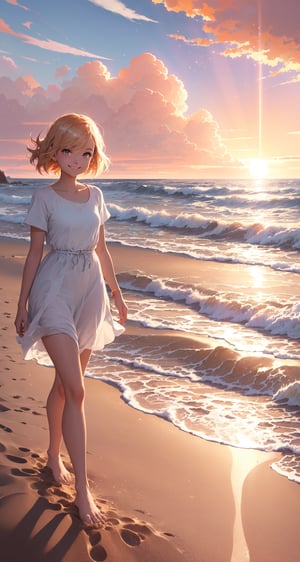 pixar style, illustration of a girl walking in the sand beach, warm soft lighting, sunset, cloud, cloudy sky, (sparks:0.7), (light particles:1.1), volumetric lighting, smug, smirk