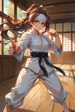 score_9,score_8_up,score_7_up,source_anime, BREAK (masterpiece), best quality. Create an image of a martial artist woman with a youthful and athletic appearance. She has long, flowing brown hair using a white headband, and she is wearing a traditional karate gi with a black belt tied firmly around her waist. Her bright grey eyes reflect determination and strength. She stands in a fighting stance, with one fist raised and her feet planted firmly on the ground. The setting is a indoors dojo, with wooden floors.