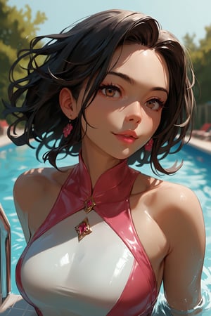 score_9, score_8_up, score_7_up, score_6_up, score_5_up, score_4_up, anime_source, (masterpiece), best quality, best face, pink lips, brown eyes, black hair, small bust, attention to detail face, extremely attractive girl. She is floating in a swimming pool in tight clothes