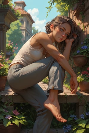 score_9, score_8_up, score_7_up, BREAK, beatiful woman, garden, portrait, highly detailed, detailed skin, grey eyes, pants, bare feet, feet focus