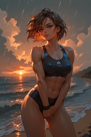 (score_9,score_8_up,score_7_up),1girl, solo, small_sized_chest, 80s_short_dark_brown_hair, dark_brown_eyes, half Irish half English ethnicity, light skin complexion, 21 years old, 80s fitness workout clothing style , silhouette, sunset, beach, rainy, picturesque, covering crotch