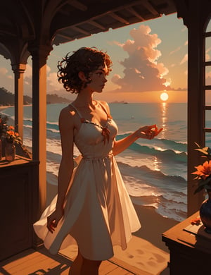 (score_9,score_8_up,score_7_up),1girl, solo, indoors, medium_sized_chest, curly_short_dark_brown_hair, dark_brown_eyes, half Irish half English ethnicity, light skin complexion, 31 years old, sundress, silhouette, sunset, beach, windy, picturesque