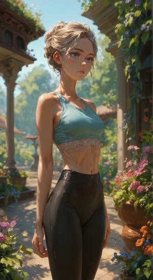 score_9, score_8_up, score_7_up, BREAK, beatiful woman, garden, intricate, princess, portrait, highly detailed, detailed skin, film grain, blue eyes, yoga pants