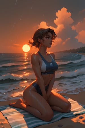 (score_9,score_8_up,score_7_up),1girl, solo, small_sized_chest, 80s_short_dark_brown_hair, dark_brown_eyes, half Irish half English ethnicity, light skin complexion, 21 years old, 80s yoga  clothing style , silhouette, sunset, beach, rainy, picturesque, covering thighs, glowing seashells