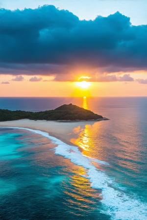 Fiery orange sunbeams pierce through the gloomy tropical sky, casting a warm glow on the lush verdant foliage of ludwigia and hornwort. A photorealistic Fuji X-T5 captures the serenity of a remote island paradise from above, where pristine white sand beaches meet rugged coastline and vibrant turquoise waters. A high-altitude drone soars through the dark cloudy rainy foggy atmosphere as the breathtaking sunset unfolds, showcasing coral reefs, oceanic expanse, and the island's majestic landscape.
