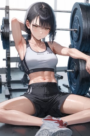 score_9, score_8_up, score_7_up, source_anime, masterpiece, absurdres, (rating_safe), low-tied long hair, black hair, velvetcrowe, vibrant golden eyes, serious face, sweating, slender, medium breasts, white and red cropped gym top, black and red gym shorts, midriff, stretching, exercising, gym background, perfect hands