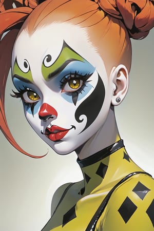 (masterpiece), best quality, expressive eyes, perfect face, (extreme close-up portrait), futuristic, hlpr, Solo female, Nude juggalette, Insane Clown Posse Makeup, (((Insane Clown Posse body paint))), tall, flat chest, redhead, long hair, right side of head is buzz cut, left side of head is braided hair, blowing kiss, winking