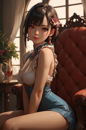 score_9, score_8_up, score_7_up, score_6_up, score_5_up, score_4_up, anime_source, (masterpiece), best quality, best face, pink lips, brown eyes, black hair, small bust, attention to detail face, extremely attractive girl. She is sitting on a chair with legs wide open 