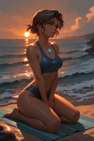 (score_9,score_8_up,score_7_up),1girl, solo, small_sized_chest, 80s_short_dark_brown_hair, dark_brown_eyes, half Irish half English ethnicity, light skin complexion, 21 years old, 80s yoga  clothing style , silhouette, sunset, beach, rainy, picturesque, covering thighs, glowing seashells