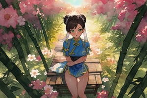 (masterpiece), best quality, expressive eyes,(((ultra detailed, 8k quality))), 1girl, (chun-li),thighs,translucent fabric, sitting, (sunset time, sun rays), (bamboo forest, flower field,glowing, bloom, chromatic, high contrast,green), (((watercolor))), burnt, ((from above))