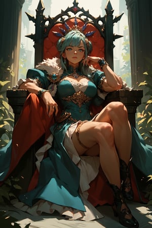 score_9, score_8_up, score_7_up, score_6_up, score_5_up, score_4_up, anime_source, a fit muscular anime girl sitting on a throne