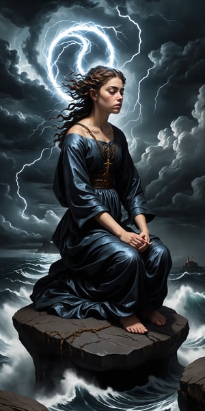"In a style of Baroque, Caravaggio and Peter Paul Rubens.", "A chaotic scene of a young woman set in a floating island above a stormy ocean, with bioluminescent plants illuminating the landscape. The mood is dreamy and ominous, with swirling clouds and flashes of lightning. The character is an young woman with a serene expression, wearing an ancient robe adorned with modern technological enhancements and glowing runes. Her posture is meditative, sitting cross-legged on a levitating rock. The historical context is set in an alternate reality where ancient magic and advanced technology coexist, creating a surreal and fantastical atmosphere."
