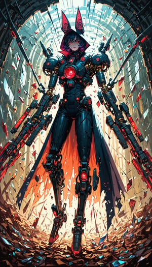 score_9,score_8_up,score_7_up,source_anime, BREAK (masterpiece), best quality, expressive energy, perfect geometric form, Vex race, glass-like exoskeleton with triangular motifs, glowing red eyes, intricate mechanical design, standing tall, dynamic lighting, full body shot, unique angle, closer, holding a futuristic weapon, glass shards floating around, dark Vault of Glass raid background with a portal, powerful and ominous presence.