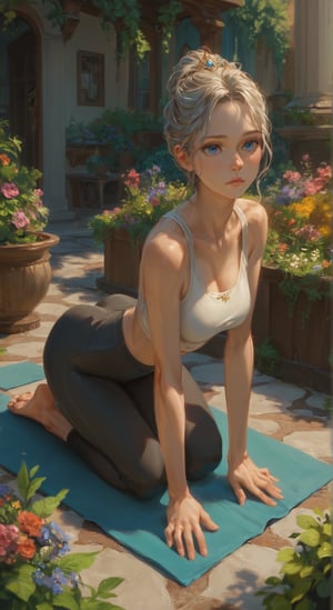 score_9, score_8_up, score_7_up, BREAK, beatiful woman, garden, intricate, princess, portrait, highly detailed, detailed skin, film grain, blue eyes, yoga pants, bare feet,