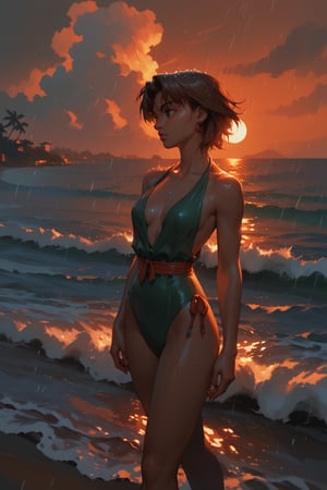 (score_9,score_8_up,score_7_up),1girl, solo, small_sized_chest, 80s_short_dark_brown_hair, dark_brown_eyes, half Irish half English ethnicity, light skin complexion, 21 years old, 80s clothing style , silhouette, sunset, beach, rainy, picturesque