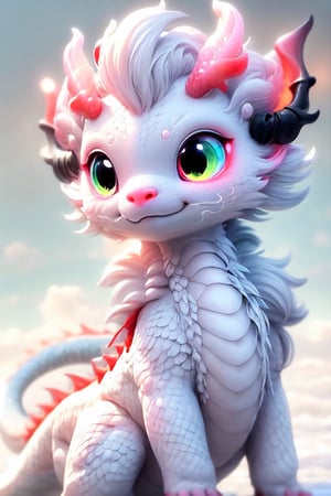 big white clouds moving in a light blue sky, very luminous, 8k, realistic, fluffy, soft,kawaiitech,dragon,glowing eyes, colourful,neon light eyes,Bokeh effect,black&white pattern dragon(black 1.0, white 1.0),black,white,black&white skin,dragoncute
