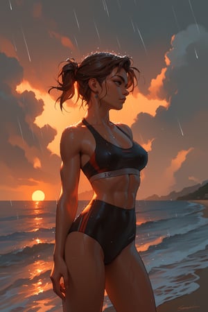 (score_9,score_8_up,score_7_up),1girl, solo, small_sized_chest, 80s_short_dark_brown_hair, dark_brown_eyes, half Irish half English ethnicity, light skin complexion, 21 years old, 80s fitness workout clothing style , silhouette, sunset, beach, rainy, picturesque