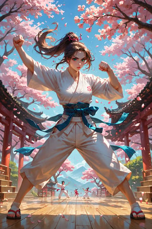 score_9,score_8_up,score_7_up,source_anime, BREAK (masterpiece), best quality. Create an image of a martial artist woman with a youthful and athletic appearance. She has long, flowing brown hair tied back in a high ponytail, and she is wearing a traditional karate gi with a blue belt tied firmly around her waist. Her bright blue eyes reflect determination and strength. She stands in a fighting stance, with one fist raised and her feet planted firmly on the ground. The setting is a sunlit dojo, with wooden floors and paper lanterns casting soft light. In the background, cherry blossom trees are in full bloom, their petals gently floating through the air, adding a serene contrast to her powerful stance. Her expression is calm yet focused, ready for the next move.