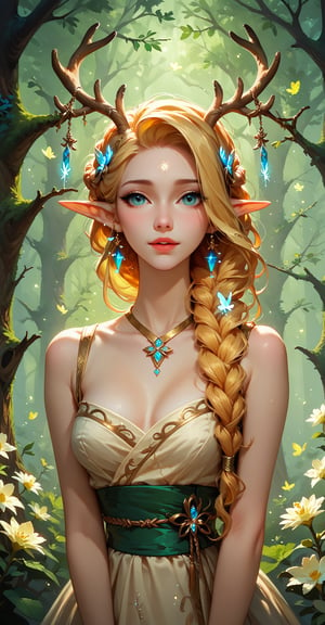 score_9, score_8_up, score_7_up, In this stunning piece of art, a mythical creature emerges from a serene forest glade, her delicate features illuminated by soft, diffused light. The girl's lower body transitions seamlessly into that of a white deer, with the upper body of a human woman, complete with long golden braided hair and elf-like ears. Her dress, a flowing white confection with a ribbon sash, seems to shimmer in harmony with the surrounding foliage. The overall effect is one of ethereal beauty, as if the natural world has been woven into her very essence.