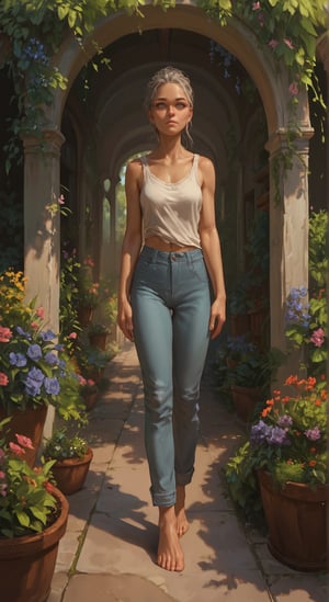 score_9, score_8_up, score_7_up, BREAK, beatiful woman, garden, portrait, highly detailed, detailed skin, grey eyes, pants, bare feet,