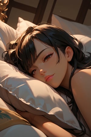 score_9, score_8_up, score_7_up, score_6_up, score_5_up, score_4_up, anime_source, (masterpiece), best quality, best face, pink lips, brown eyes, black hair, small bust, attention to detail face, extremely attractive girl. She is sleeping AND HOLDING A PILLOW