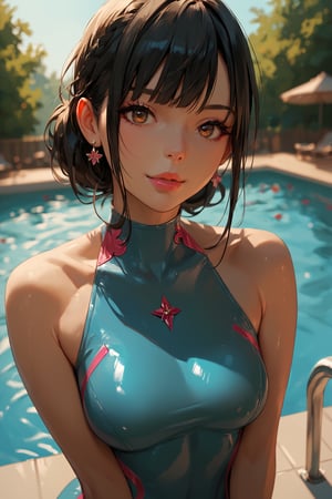 score_9, score_8_up, score_7_up, score_6_up, score_5_up, score_4_up, anime_source, (masterpiece), best quality, best face, pink lips, brown eyes, black hair, small bust, attention to detail face, extremely attractive girl. She is floating in a swimming pool in tight clothes