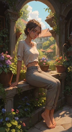 score_9, score_8_up, score_7_up, BREAK, beatiful woman, garden, portrait, highly detailed, detailed skin, grey eyes, pants, bare feet,