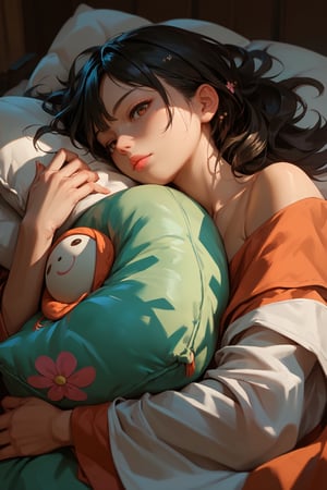 score_9, score_8_up, score_7_up, score_6_up, score_5_up, score_4_up, anime_source, (masterpiece), best quality, best face, pink lips, brown eyes, black hair, small bust, attention to detail face, extremely attractive girl. She is sleeping AND HOLDING A PILLOW