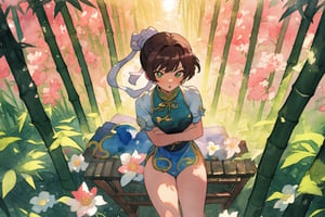 (masterpiece), best quality, expressive eyes,(((ultra detailed, 8k quality))), 1girl, (chun-li),thighs,translucent fabric, sitting, (sunset time, sun rays), (bamboo forest, flower field,glowing, bloom, chromatic, high contrast,green), (((watercolor))), burnt, ((from above))