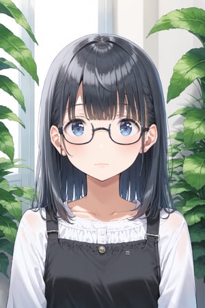 masterpiece, best quality:1.4), portrait Solo, female, woman, european, blue eyes, glasses, soft hair, black hair, ,lon bangs, long black hair, pale skin, casual clothes, cute,