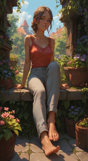 score_9, score_8_up, score_7_up, BREAK, beatiful woman, garden, portrait, highly detailed, detailed skin, grey eyes, pants, bare feet, feet focus