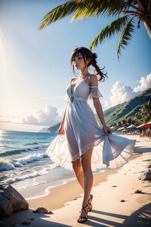 Beautiful girl, on the seaside of paradise beach, in light flighty dress