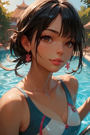 score_9, score_8_up, score_7_up, score_6_up, score_5_up, score_4_up, anime_source, (masterpiece), best quality, best face, pink lips, brown eyes, black hair, small bust, attention to detail face, extremely attractive girl. She is floating in a swimming pool…