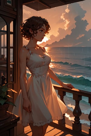 (score_9,score_8_up,score_7_up),1girl, solo, indoors, medium_sized_chest, curly_short_dark_brown_hair, dark_brown_eyes, half Irish half English ethnicity, light skin complexion, 21 years old, sundress, silhouette, sunset, beach, rainy, picturesque