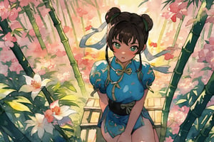 (masterpiece), best quality, expressive eyes,(((ultra detailed, 8k quality))), 1girl, (chun-li),thighs,translucent fabric, sitting, (sunset time, sun rays), (bamboo forest, flower field,glowing, bloom, chromatic, high contrast,green), (((watercolor))), burnt, ((from above))