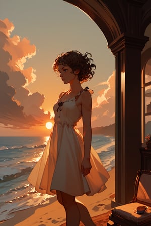 (score_9,score_8_up,score_7_up),1girl, solo, indoors, medium_sized_chest, curly_short_dark_brown_hair, dark_brown_eyes, half Irish half English ethnicity, light skin complexion, 31 years old, sundress, silhouette, sunset, beach, windy, picturesque