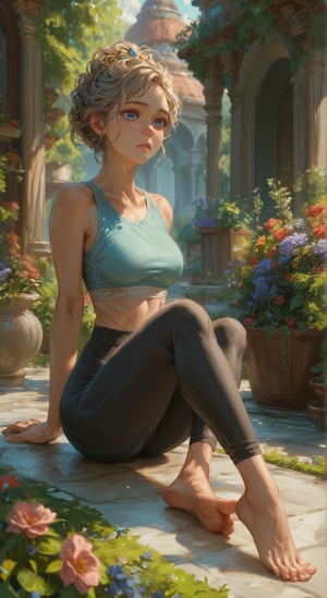 score_9, score_8_up, score_7_up, BREAK, beatiful woman, garden, intricate, princess, portrait, highly detailed, detailed skin, film grain, blue eyes, yoga pants, bare feet,