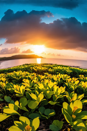 Fiery orange sunbeams pierce through the gloomy tropical sky, casting a warm glow on the lush verdant foliage of ludwigia and hornwort. A photorealistic Fuji X-T5 captures the serenity of a remote island paradise from above, where pristine white sand beaches meet rugged coastline and vibrant turquoise waters. A high-altitude drone soars through the dark cloudy rainy foggy atmosphere as the breathtaking sunset unfolds, showcasing coral reefs, oceanic expanse, and the island's majestic landscape.